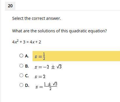 What are the solutions of this quadratic equation?
4x2 + 3 = 4x + 2