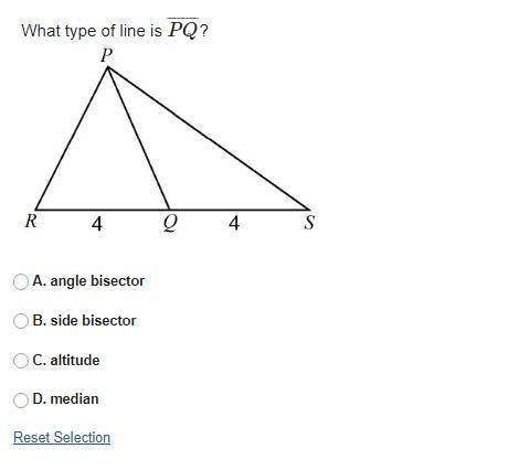 What type of line is PQ?

A. angle bisector
B. side bisector
C. altitude
D. median