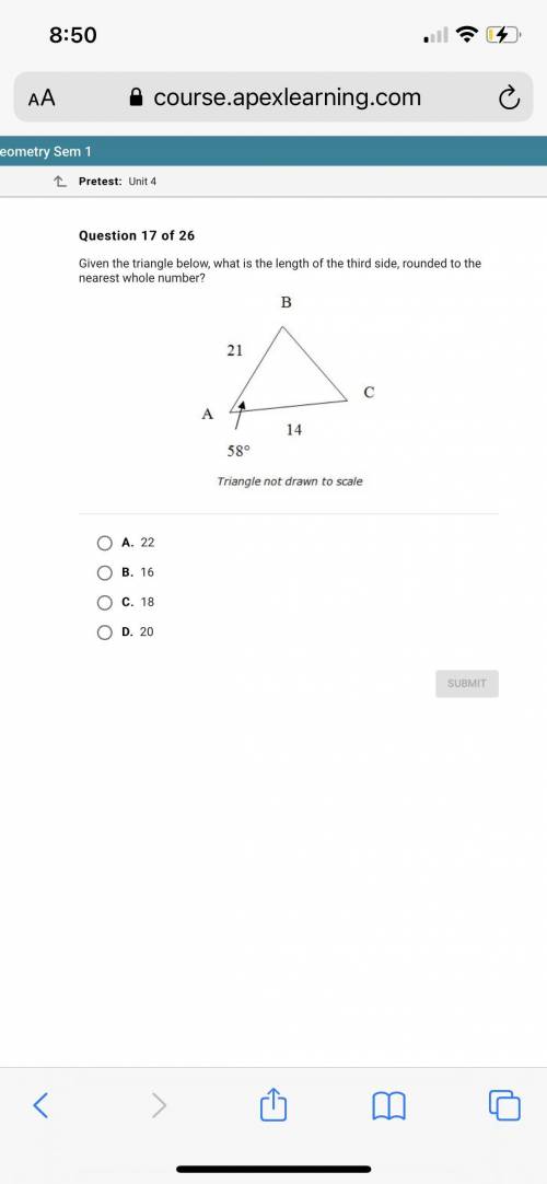 Given the triangle below, what is the length of the third side, rounded to the nearest whole number