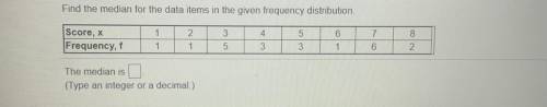 Find the median for the data items in the given frequency distribution.