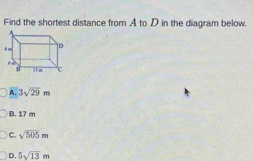 Find the shortest distance from A to D in the diagram