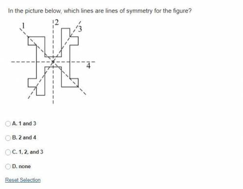 In the picture below, which lines are lines of symmetry for the figure?

A. 1 and 3
B. 2 and 4
C.