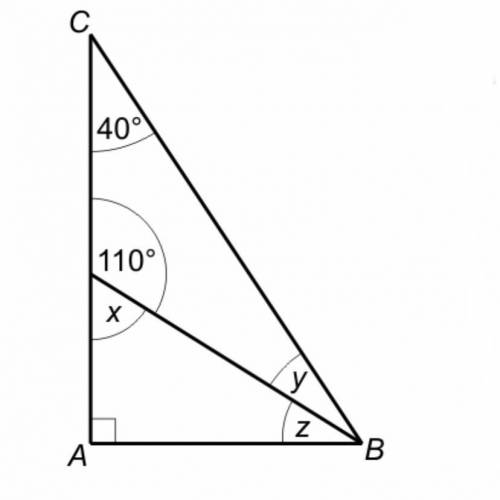 Diagram shows triangle ABC.

Workout the size of angles x,y,z 
x= 70*
y= 30*
z= *