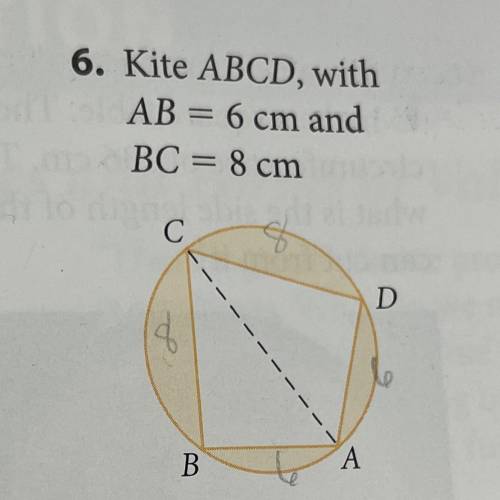 6. Kite ABCD, with
AB = 6 cm and
BC = 8 cm
What is the area?