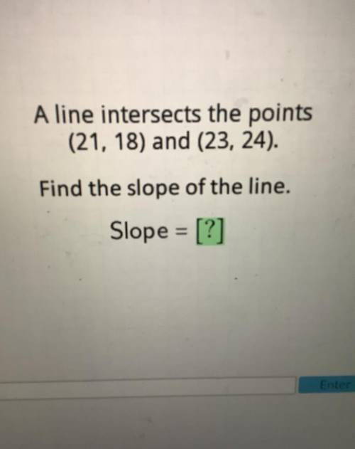 Please help..

A line intersects the points
(21, 18) and (23, 24).
Find the slope of the line.
Slo