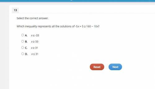 Select the correct answer.

Which inequality represents all the solutions of -5x + 5 ≥ 160 − 10x?