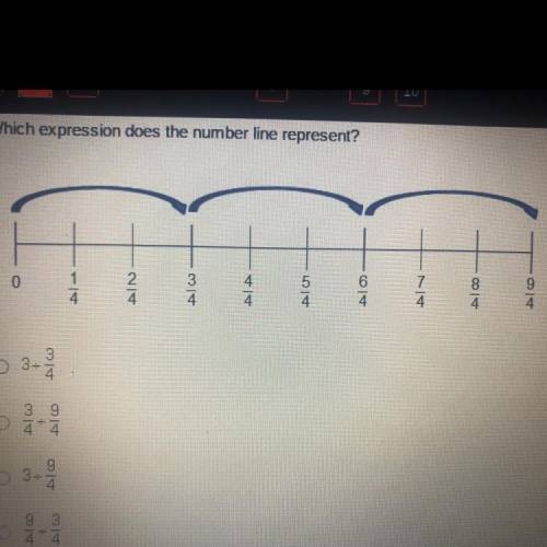 Which expression does the number line represent ?

Answers: 
a.3 divided by 3/4
b.3/4 divided by 9