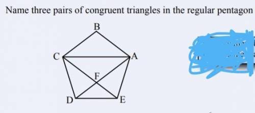 Name three pairs of congruent triangles in a rectangular hexagon below:

pls explain and write eve