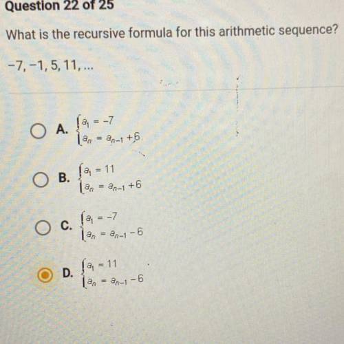HELPPPPPPPP!?!?

What is the recursive formula for this arithmetic sequence?
-7, -1, 5, 11,