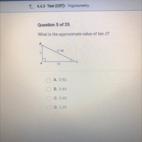 What is the approximate value of tan c?
A. 0.92
B. 0.44
C. 0.40
D. 2.29