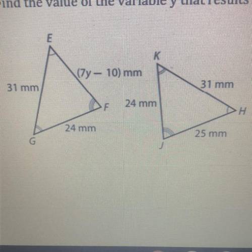 Find the value of the variable y that results in congruent triangles