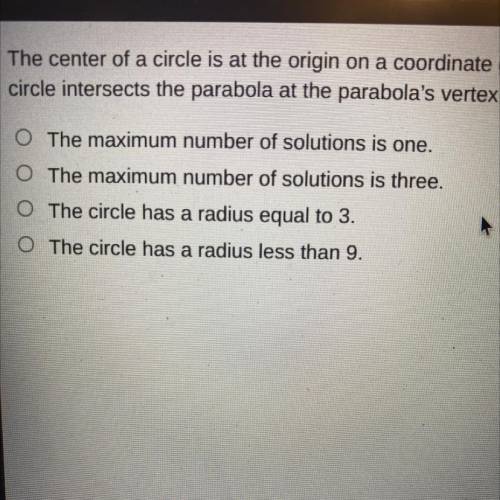 (please help!) The center of a circle is at the origin on a coordinate grid. The vertex of a parabo
