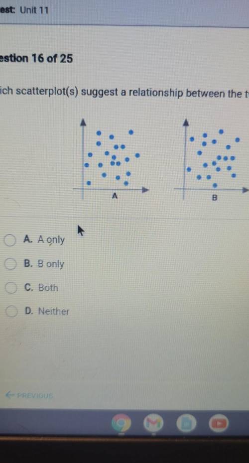 Which scatterplot(s) suggests a relationship between the two variables????​