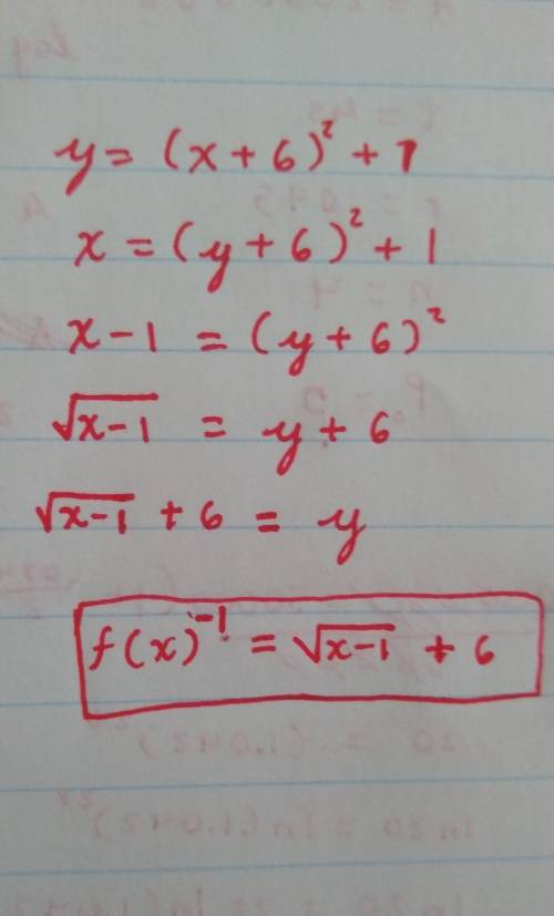 Help please!

Find the inverse equation of this function 
f(x) = (x + 6)^2 + 1
Thank you!!