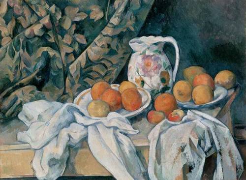 In Paul Cézanne’s Still Life with a Curtain, which statement best describes a way unity is created?