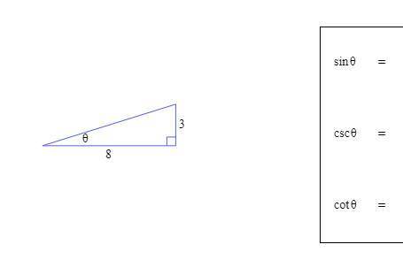 Find sin0, csc0 and cot0 where 0 is the angle shown in the figure. Give exact values, not decimal a