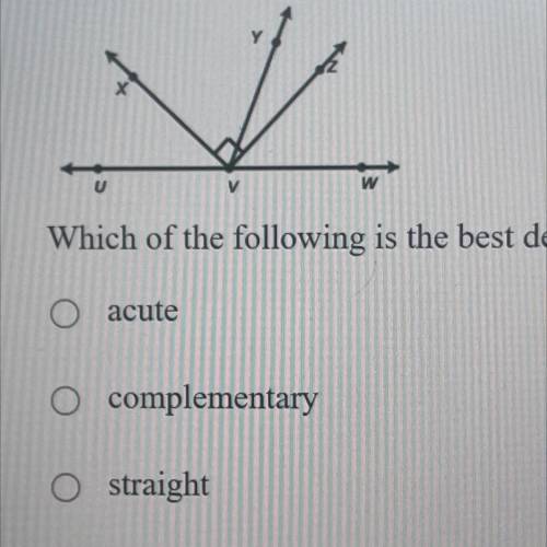 Look at

Which of the following is the best description for this pair angles?
-Acute
-Complementar