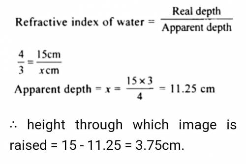 A coin is placed at a depth of 15 cm in a beaker from the surface of water. Therefractive index of w