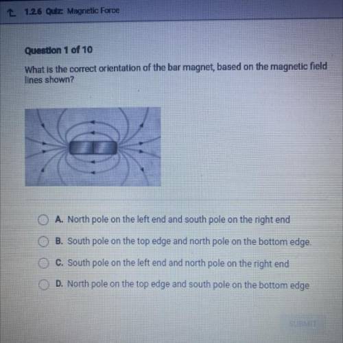 Question 1 of 10

What is the correct orientation of the bar magnet, based on the magnetic field
l