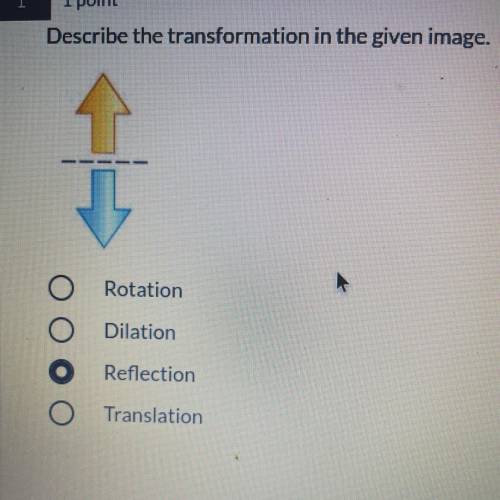 Describe the transformation in the given image.

1
2.
Rotation
3
Dilation
Reflection
4
Translation