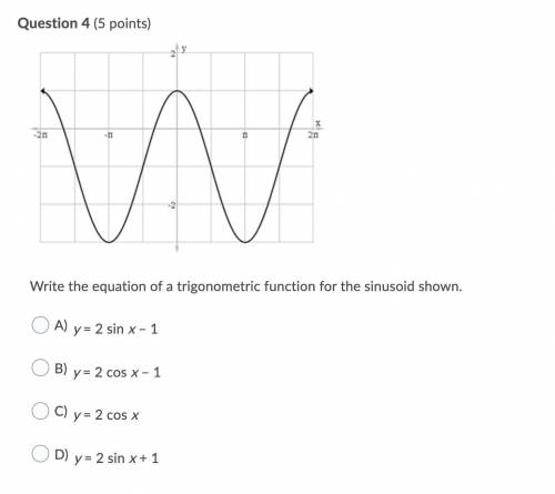 Write the equation of a trigonometric function for the sinusoid shown.