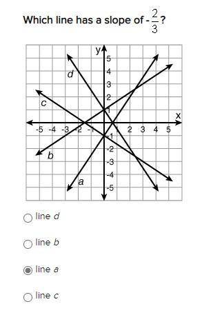 Plzz help me asap i need help picture below

Which line has a slope of -?
line d
line b
line a
lin