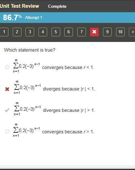 Which statement is true?

converges because r < 1.
diverges because |r | < 1.
diverges becau
