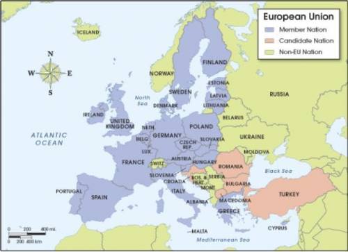 Use the map below to answer the following question:

A map of the European Union. The member natio