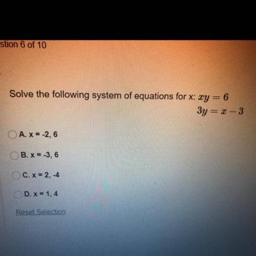 Solve the following system of equations for x: xy = 6
3y = x - 3