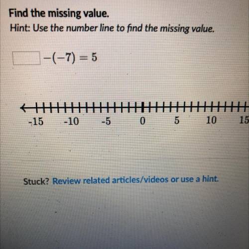 Find the missing value.

Hint: Use the number line to find the missing value.
-(-7)=5
{ #
-15
→
15