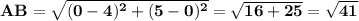 \bf AB= \sqrt{(0-4)^2+(5-0)^2} =\sqrt{16+25} =\sqrt{41}