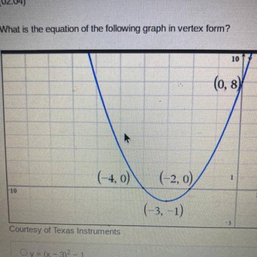 What is the equation of the following graph in vertex form?

Y=(X-3)^2-1
Y=(X+3)^2-1
Y=(X-4)^2-2
Y