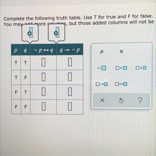 Complete the following truth table. Use T for True and F for False. Attached is the photo to solve