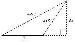 Find the area and perimeter.

The figure shows a triangle. One side is given by 4 x minus 3 units.