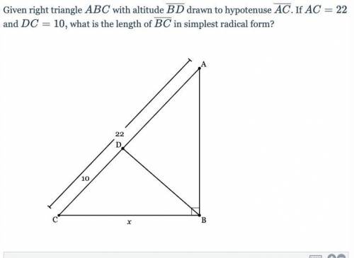 Given right triangle ABCABC with altitude \overline{BD}

BD drawn to hypotenuse \overline{AC} AC .