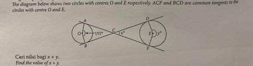 The diagram below shows two circles with centres O and E respectively. ACF and BCD are common tange