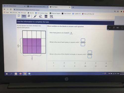 What is the size of each piece in square units?

What is the area of the shaded rectangle in squar