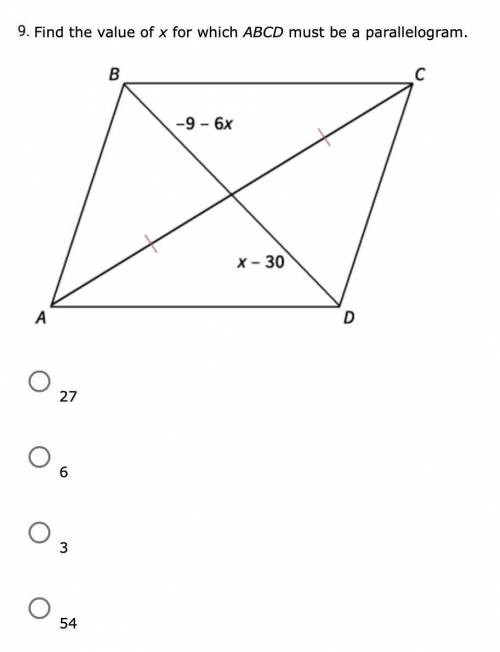 Help!
Find the value of x for which ABCD must be a parallelogram.