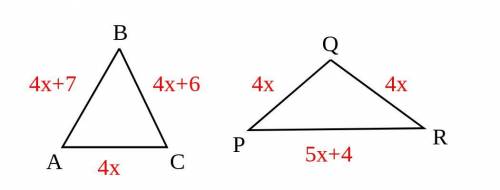 The perimeters of the triangles shown are equal. Find the side lengths of each triangle.
