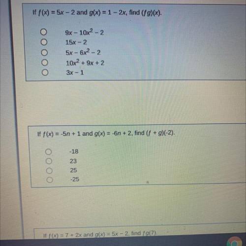 F(x)=5x-2 & g(x) =1-2x find f/g(c)
Answer these 2 questions please