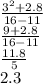 \frac{3 ^{2} + 2.8 }{16 - 11}  \\  \frac{9 + 2.8}{16 - 11}  \\  \frac{11.8}{5}  \\ 2.3