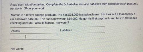 Fill in the chart (assets and liabilities) and then i need the net worth.