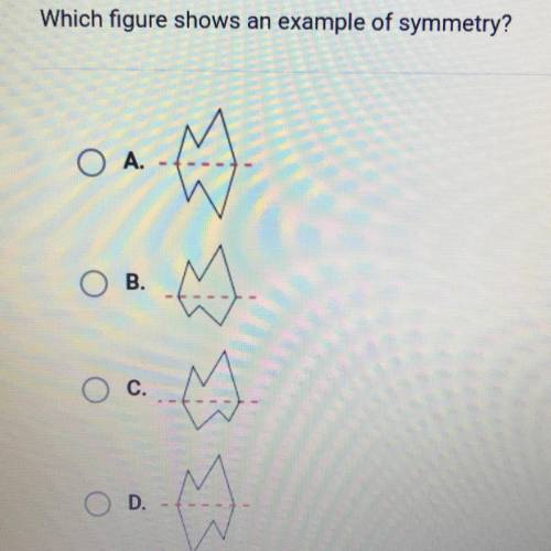 Which figure shows an example of symmetry?
A.
B.
C.
D.