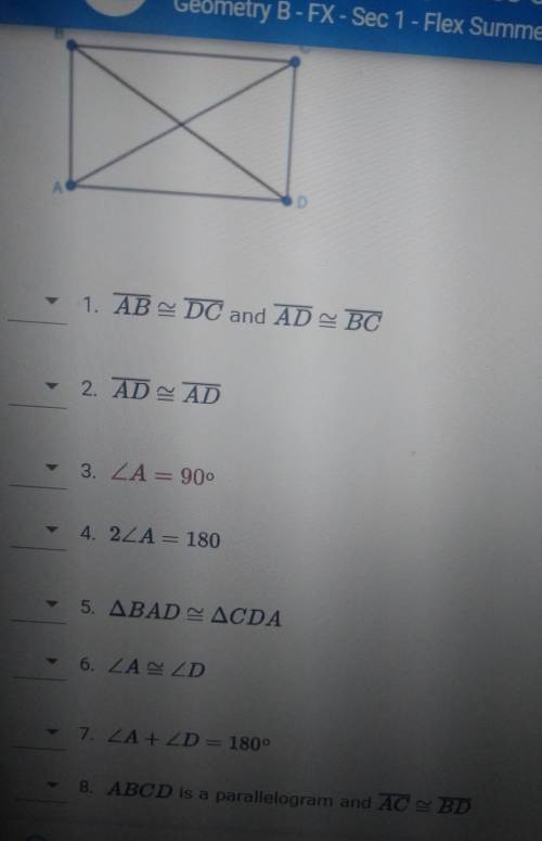 Match the reasons to each statement given for the geometric proof Given: ABCD is a parallelogram an