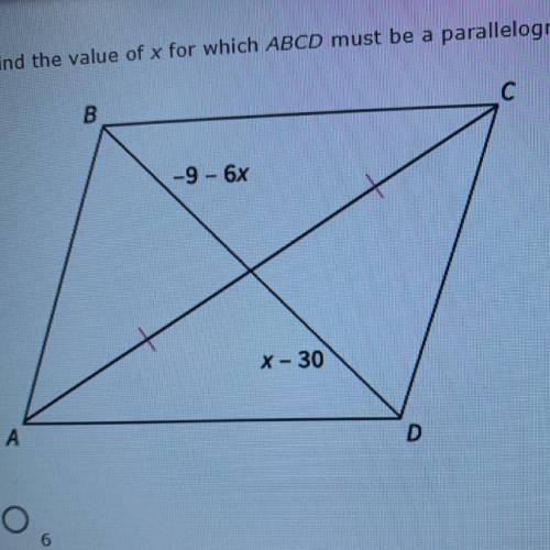 Find the value of
x for which ABCD
must be a
parallelogram.
6
54
3
27