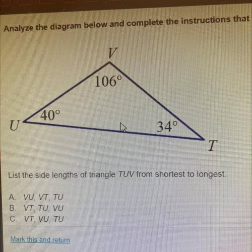 List the side lengths of triangle TUV from shortest to longest