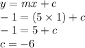 y = mx + c \\  - 1 = (5 \times 1) + c \\  - 1 = 5 + c \\ c =  - 6
