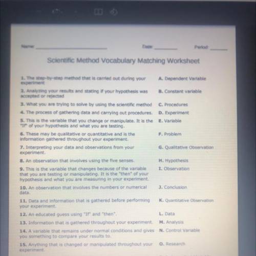 Scientific Method Vocabulary Matching Worksheet. Can someone please help me with this?