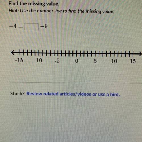 Find the missing value.

Hint: Use the number line to find the missing value.
-4=
-9
-15
-10
-5
0