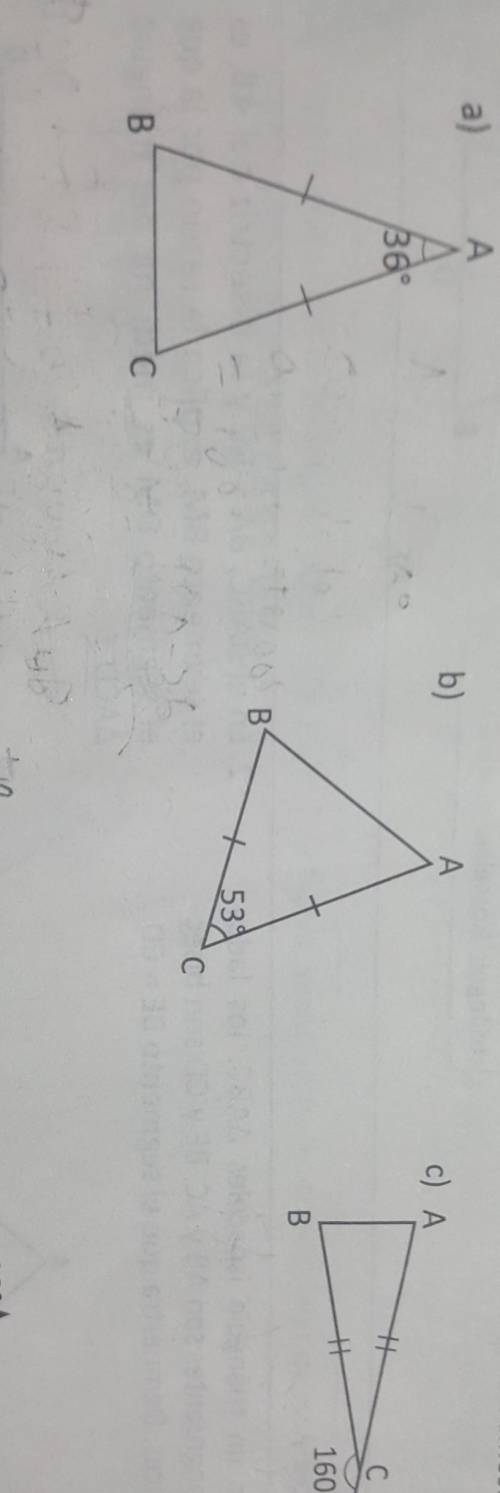 Determina la medida de los ángulos restantes de cada triángulo, aplicando el teorema demostrativo​